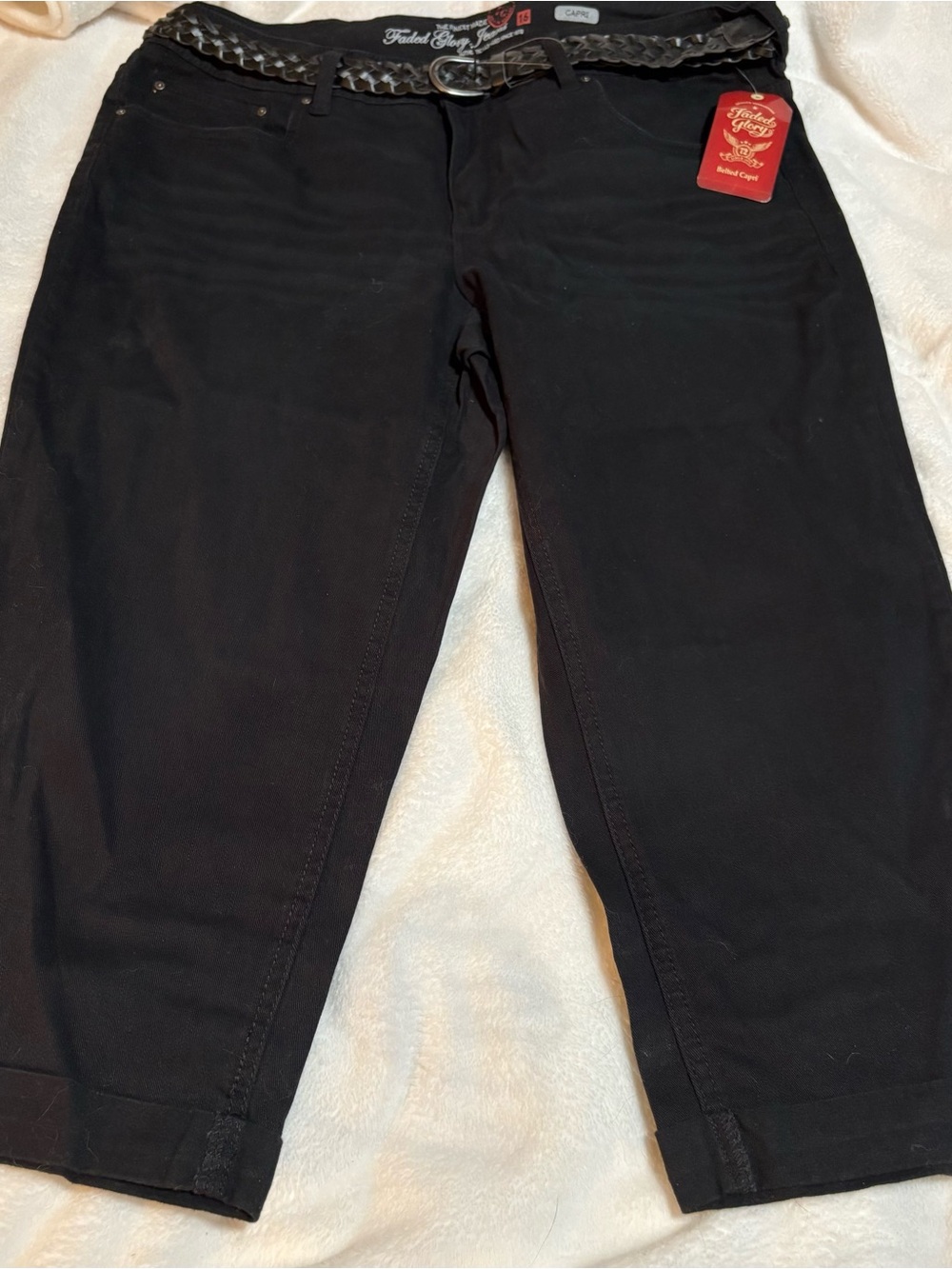 Faded Glory Black Capri Pants with Braided Belt size 16